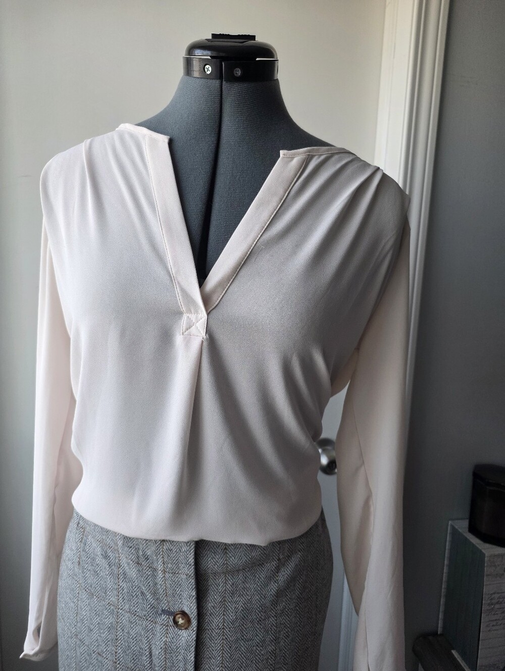 Lush Soft Cream Split-Neck Long Sleeve Blouse